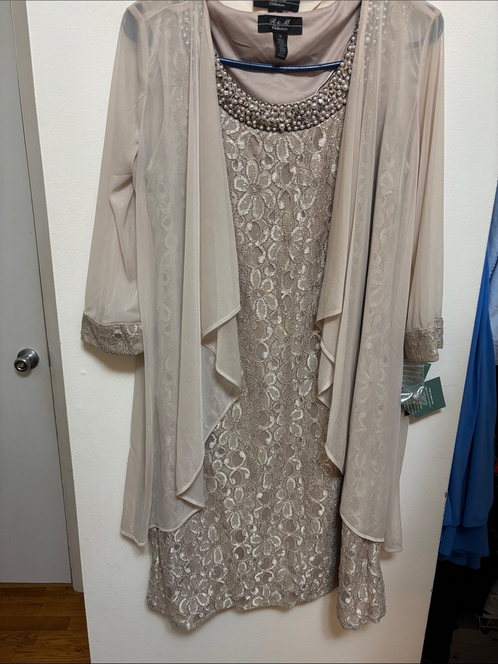 R&M Richards Taupe Lace Sheath with Chiffon JacketJacket size 12, Dress size 14